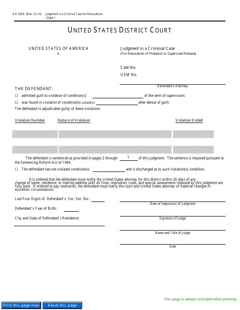 Form AO245D Judgment in a Criminal Case (For Revocation of Probation or Supervised Release)