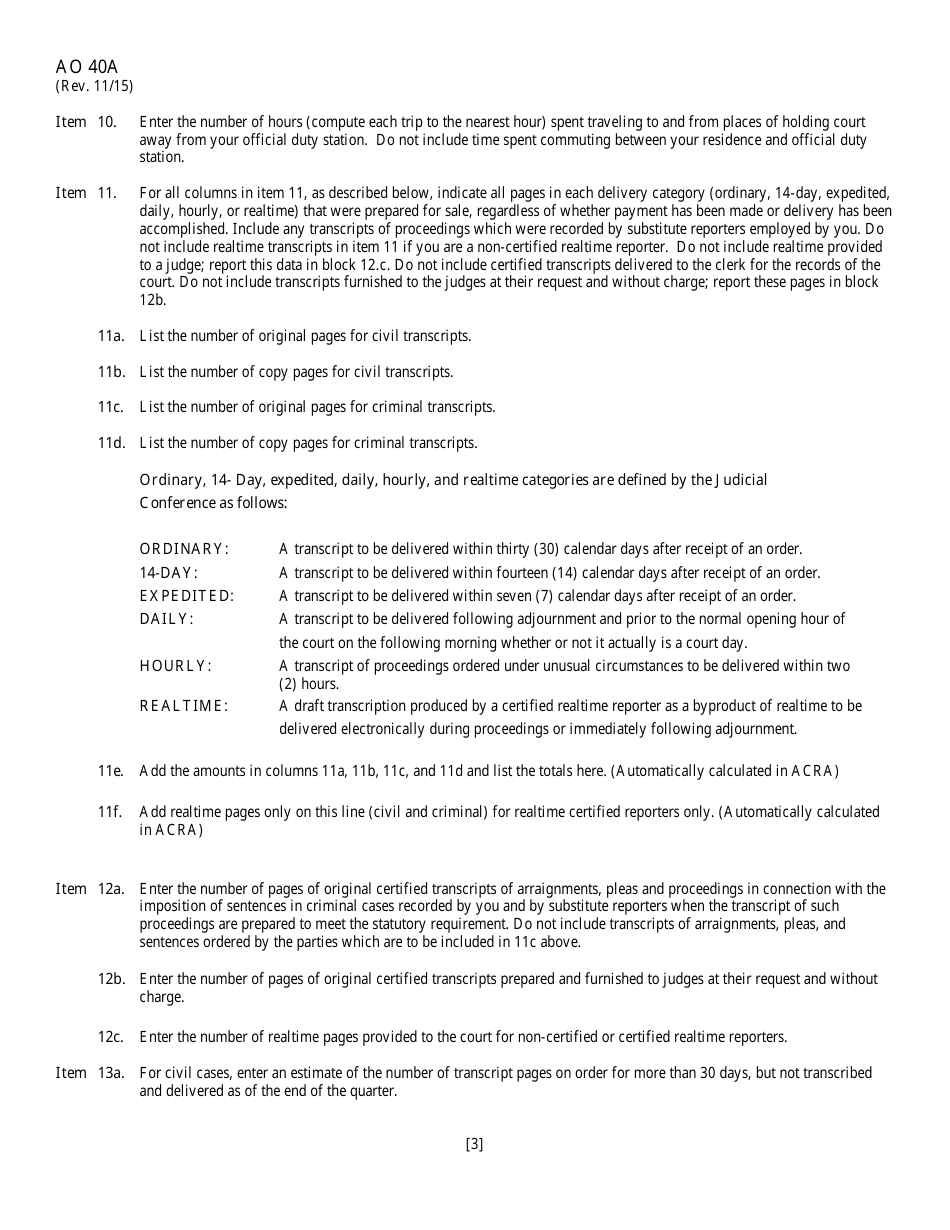 Instructions for Form AO40A Attendance and Transcripts of United States Court Reporters, Page 3