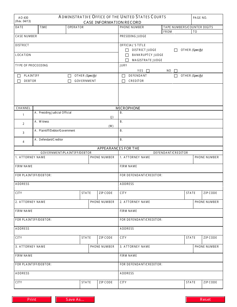 Form AO430 Case Information Record, Page 1
