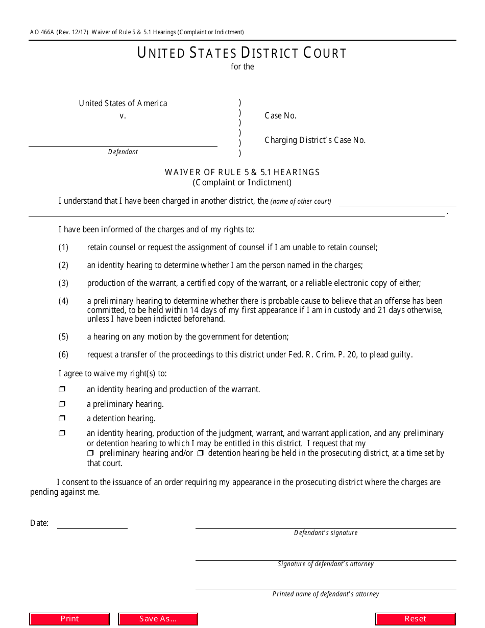 Form AO466A Waiver of Rule 5  5.1 Hearings (Complaint or Indictment), Page 1