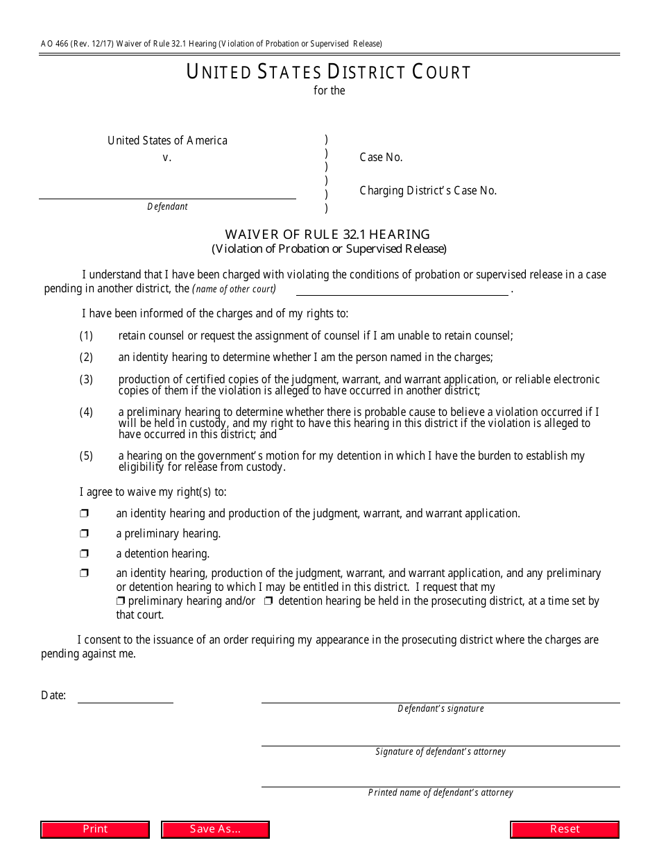 Form AO466 Waiver of Rule 32.1 Hearing (Violation of Probation or Supervised Release), Page 1
