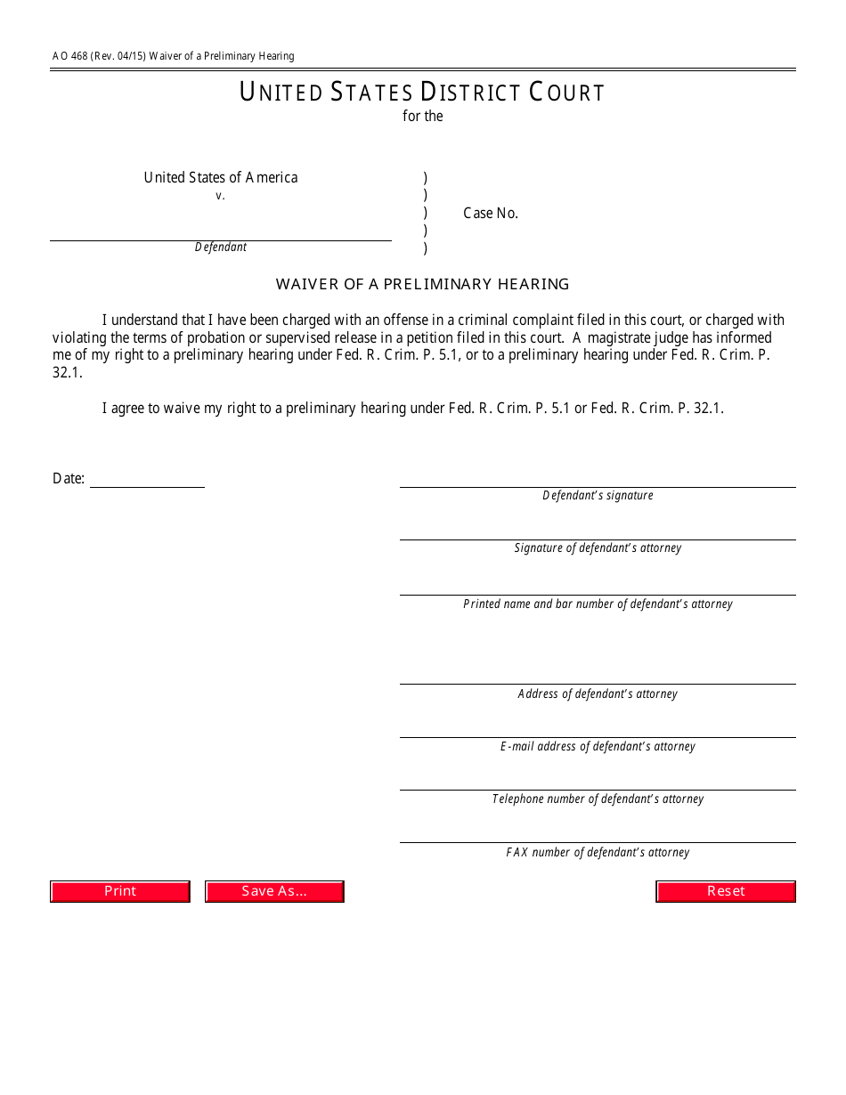 Form AO468 Waiver of a Preliminary Hearing, Page 1