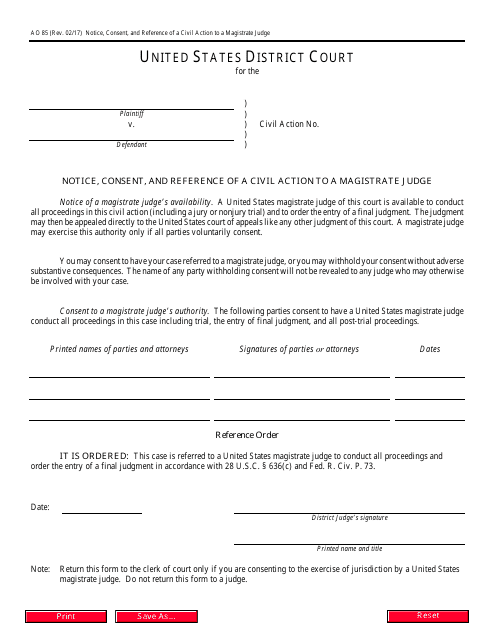 Form AO85 Notice, Consent, and Reference of a Civil Action to a Magistrate Judge