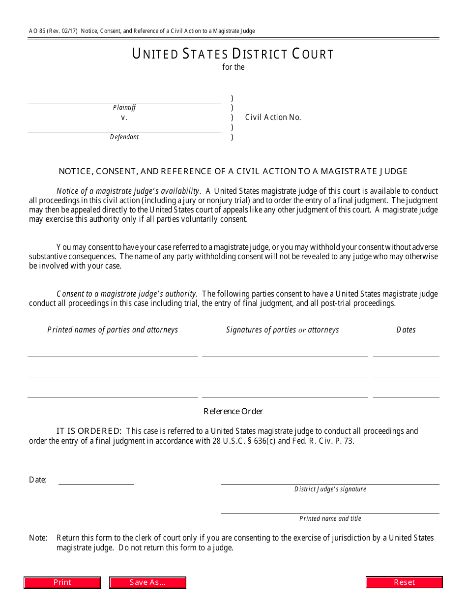 Form AO85 Download Fillable PDF or Fill Online Notice, Consent 