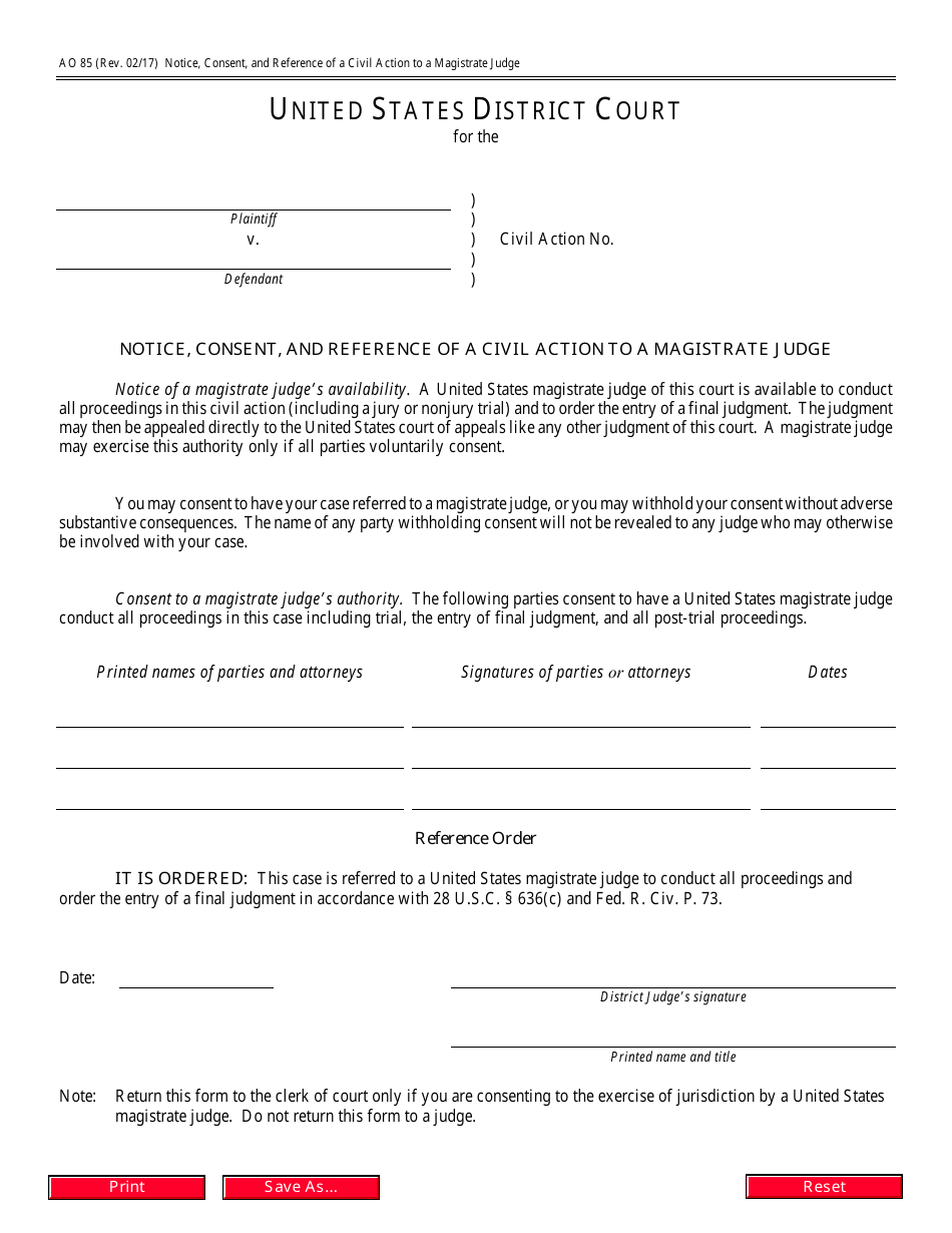 Form AO85 Notice, Consent, and Reference of a Civil Action to a Magistrate Judge, Page 1