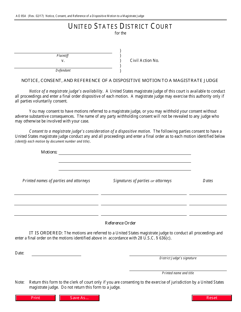 Form AO85A Notice, Consent, and Reference of a Dispositive Motion to a Magistrate Judge, Page 1