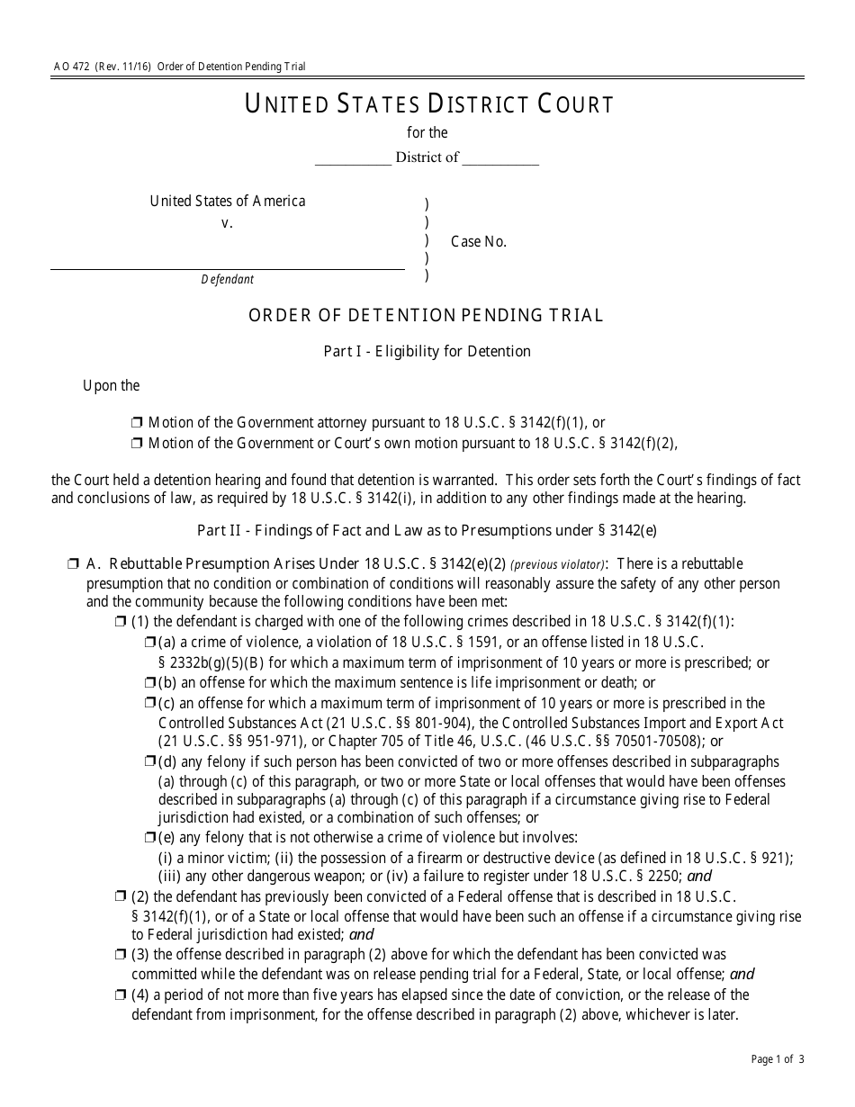 Form AO472 Order of Detention Pending Trial, Page 1