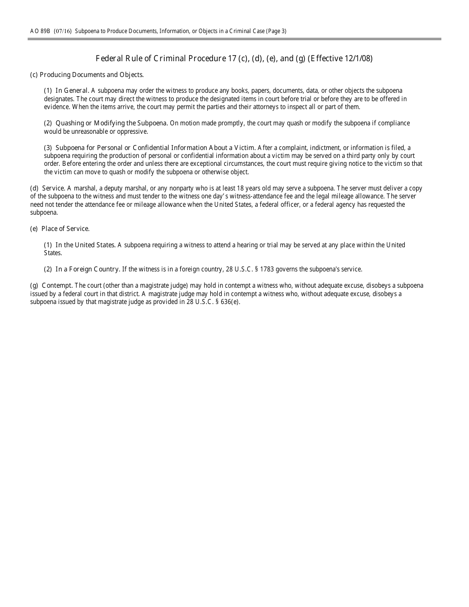 Form AO89B Subpoena to Produce Documents, Information, or Objects in a Criminal Case, Page 3