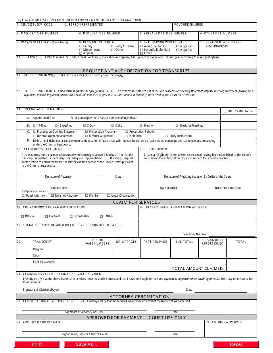 Form CJA24 - Fill Out, Sign Online and Download Fillable PDF ...