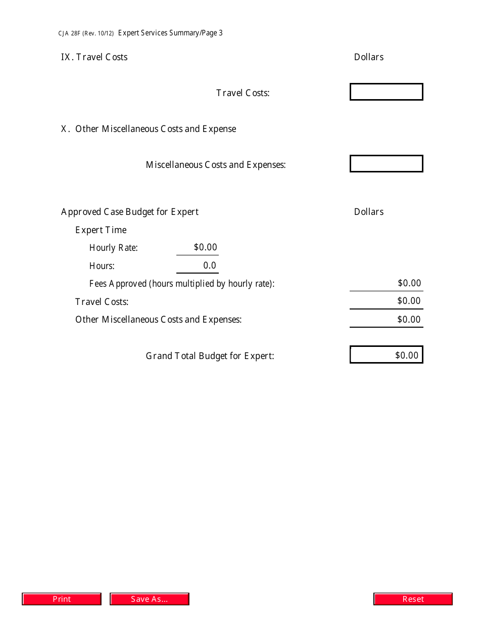 Form CJA28F Expert Services Summary Budget Worksheet for Non-capital Representations With the Potential for Extraordinary Cost, Page 3