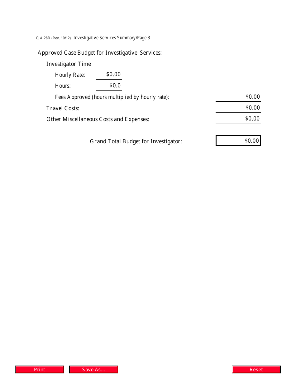Form CJA28D Investigative Services Summary Budget Worksheet for Non-capital Representations With the Potential for Extraordinary Cost, Page 3