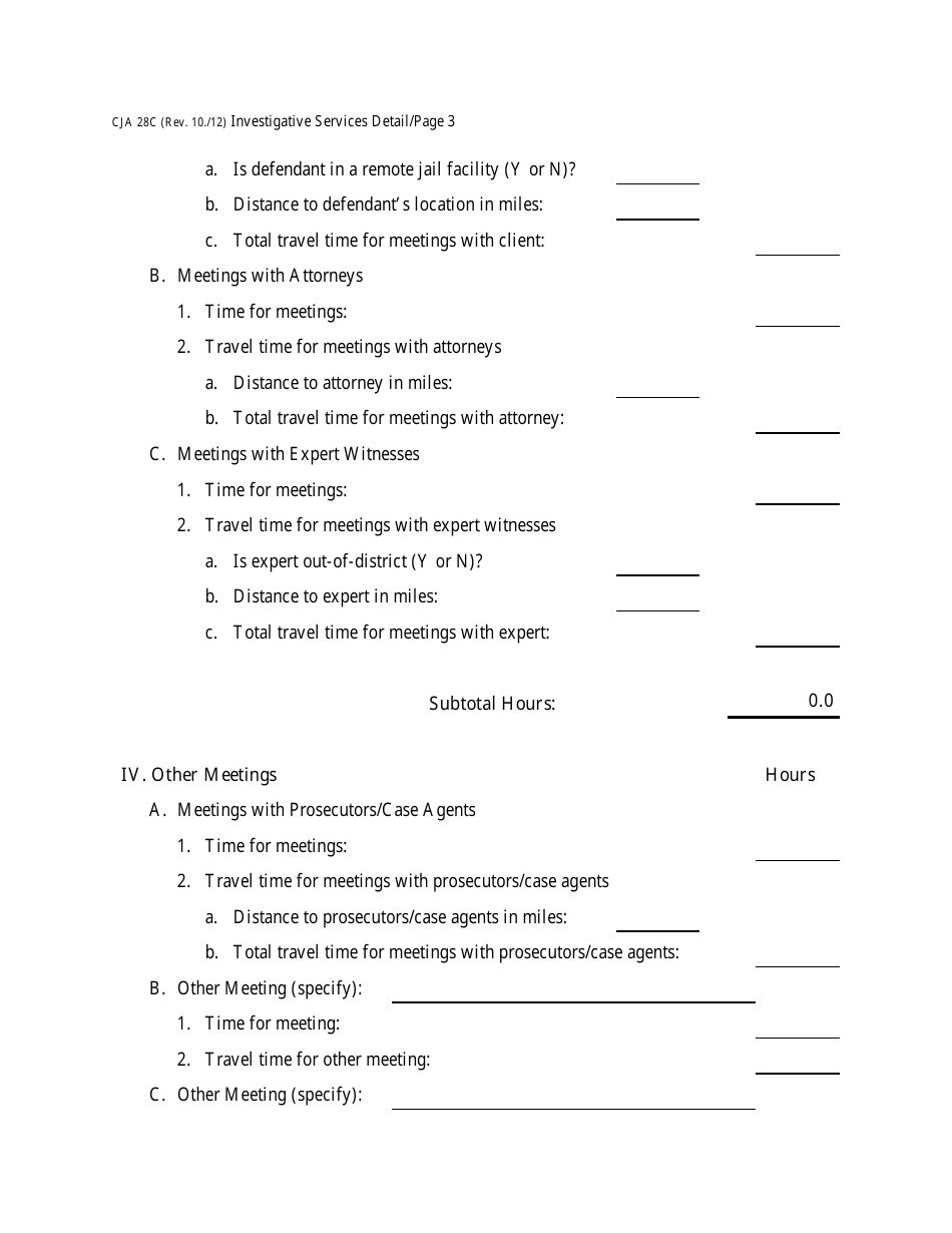 Form CJA28C Investigative Services Detailed Budget Worksheet for Non-capital Representations With the Potential for Extraordinary Cost, Page 3