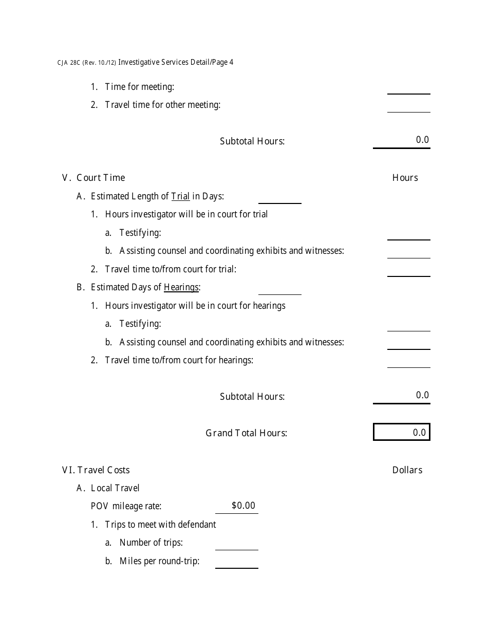 Form CJA28C Investigative Services Detailed Budget Worksheet for Non-capital Representations With the Potential for Extraordinary Cost, Page 4