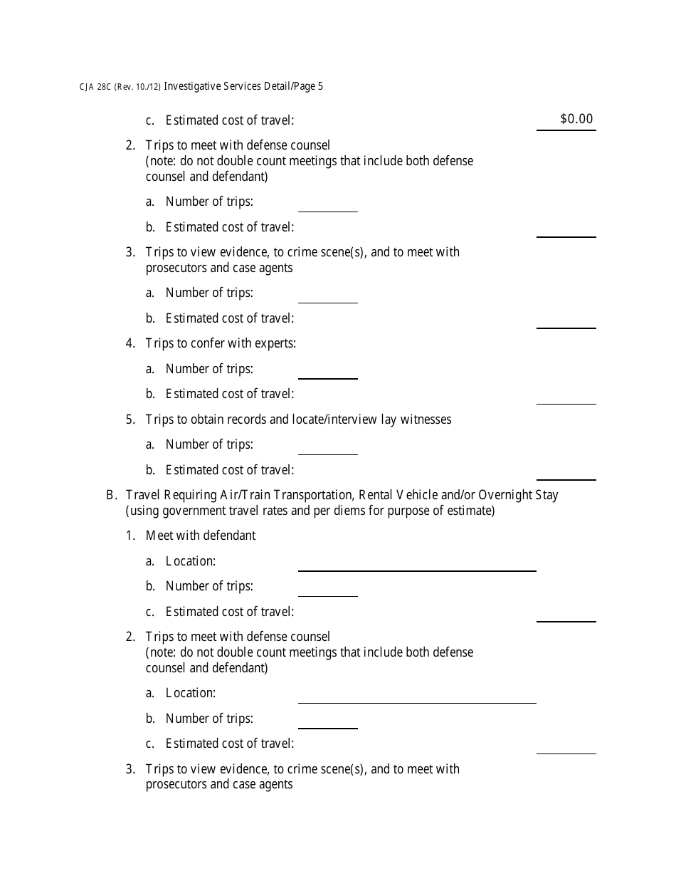 Form CJA28C Investigative Services Detailed Budget Worksheet for Non-capital Representations With the Potential for Extraordinary Cost, Page 5