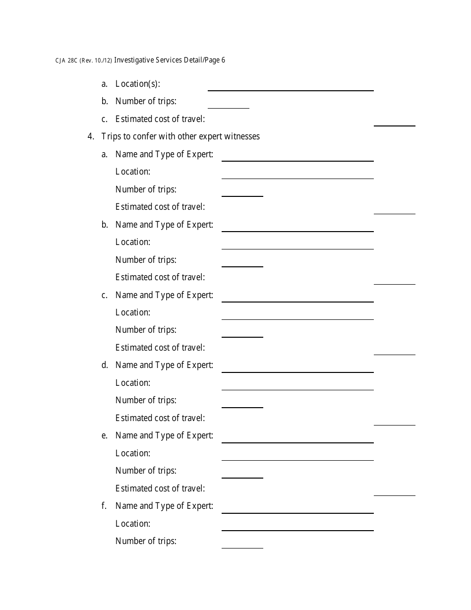 Form CJA28C Investigative Services Detailed Budget Worksheet for Non-capital Representations With the Potential for Extraordinary Cost, Page 6