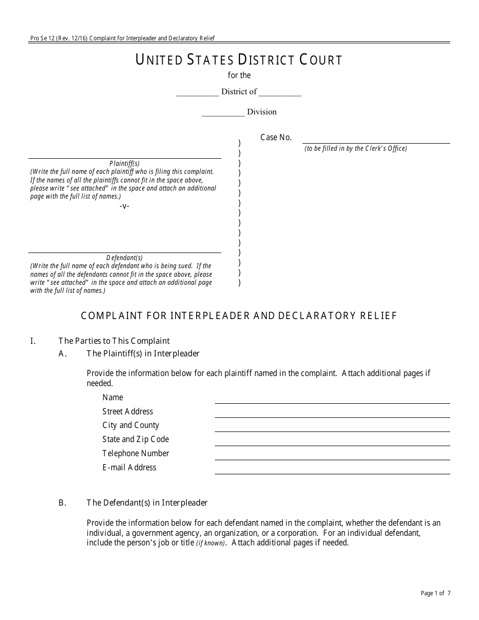 Form Pro Se12 Complaint for Interpleader and Declaratory Relief, Page 1
