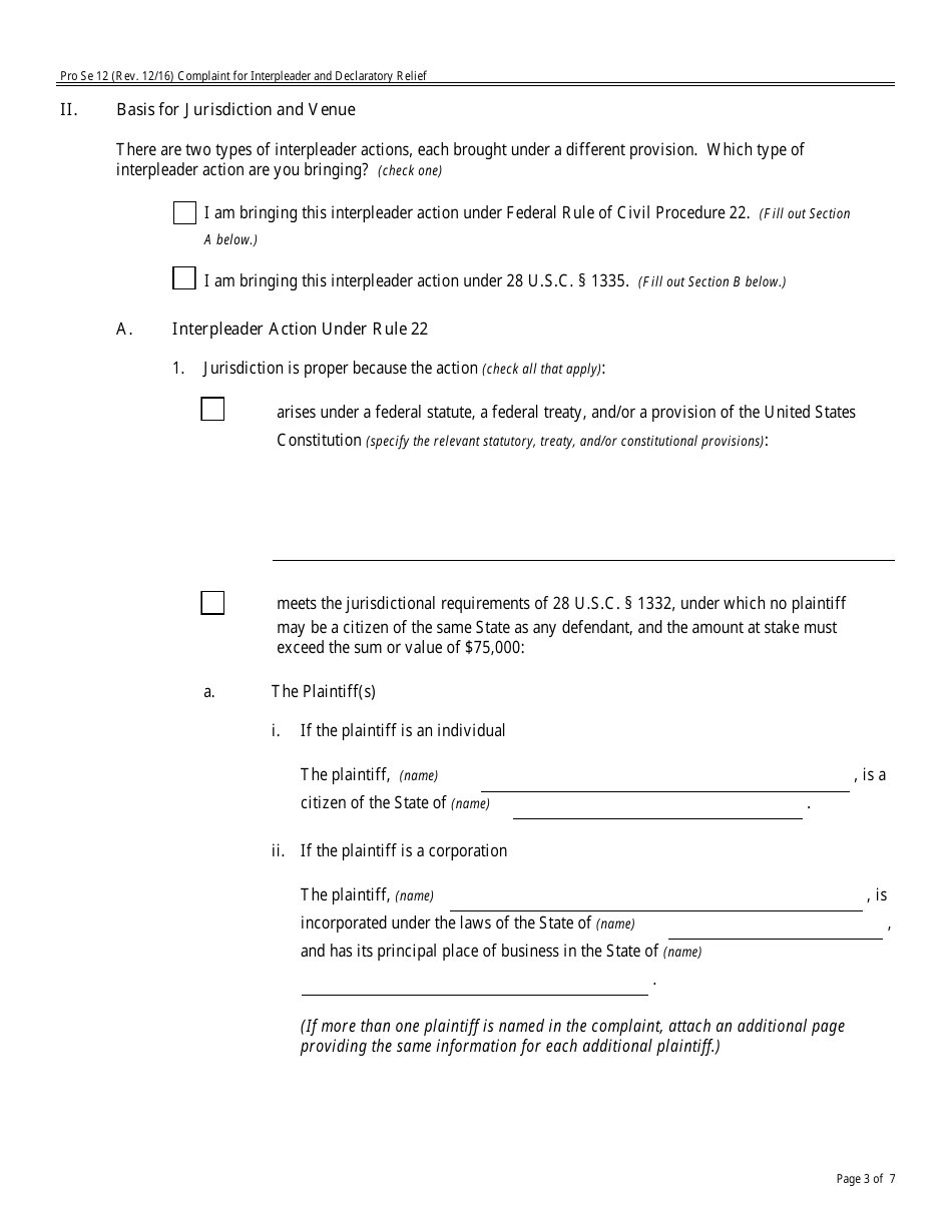 Form Pro Se12 Complaint for Interpleader and Declaratory Relief, Page 3