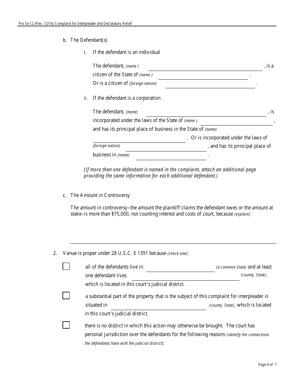 Form Pro Se12 Complaint for Interpleader and Declaratory Relief, Page 4