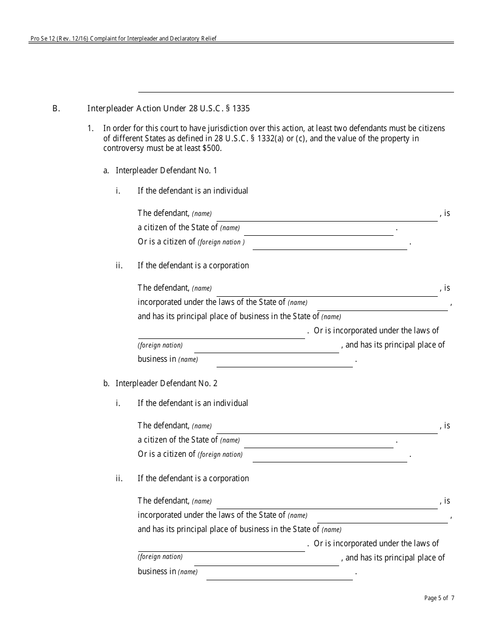 Form Pro Se12 Complaint for Interpleader and Declaratory Relief, Page 5