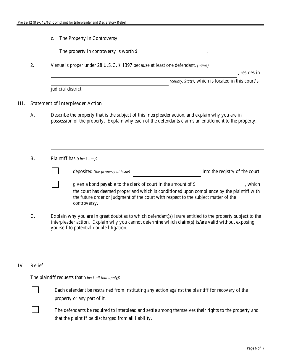 Form Pro Se12 Complaint for Interpleader and Declaratory Relief, Page 6