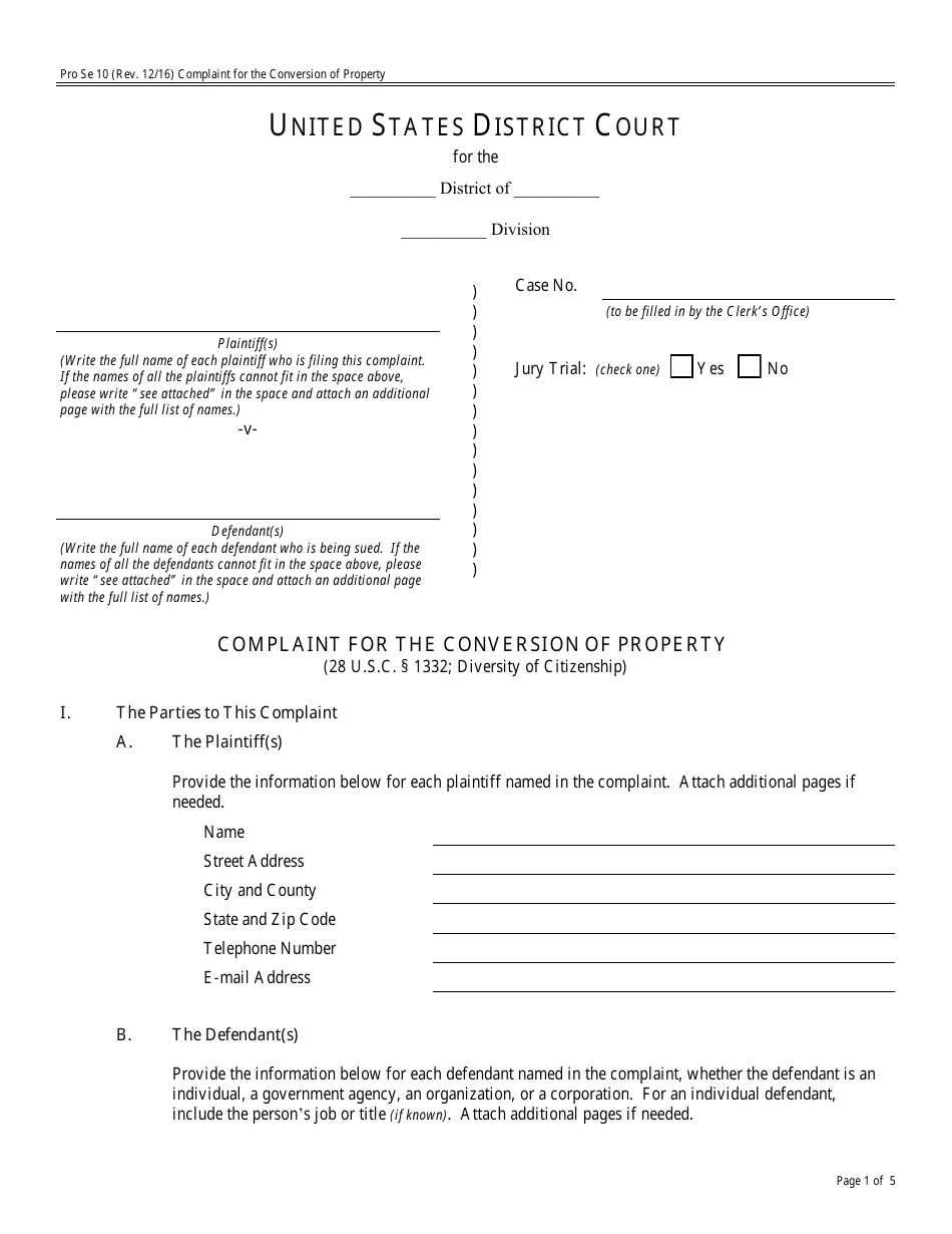 Form Pro Se10 Complaint for the Conversion of Property, Page 1