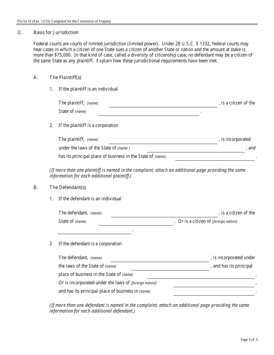 Form Pro Se10 Complaint for the Conversion of Property, Page 3