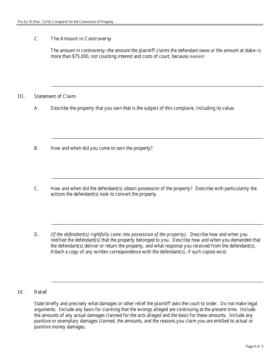 Form Pro Se10 Complaint for the Conversion of Property, Page 4