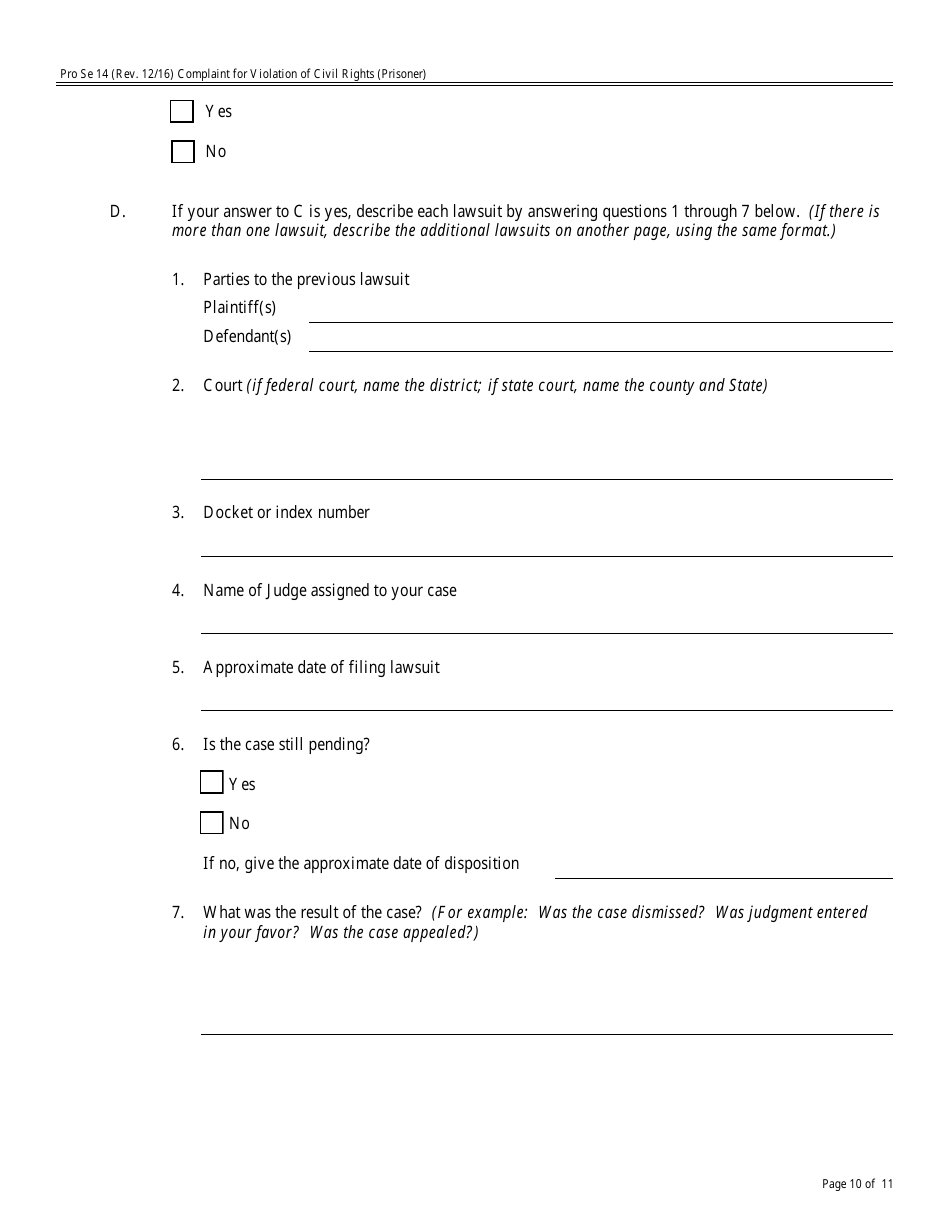 Form Pro Se14 Complaint for Violation of Civil Rights, Page 10