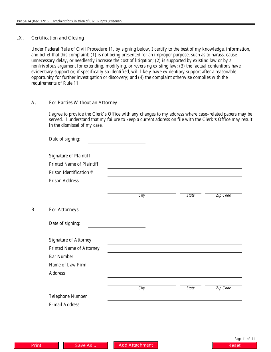 Form Pro Se14 Complaint for Violation of Civil Rights, Page 11