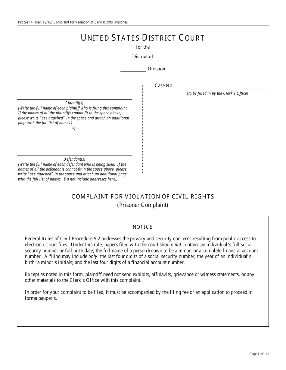 Form Pro Se14 Complaint for Violation of Civil Rights, Page 1