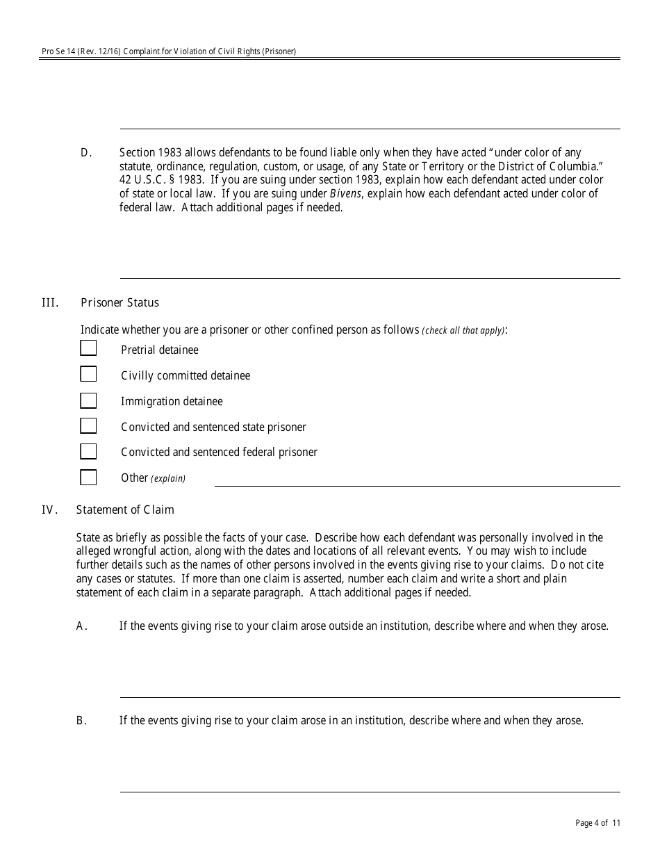 Form Pro Se14 Complaint for Violation of Civil Rights, Page 4
