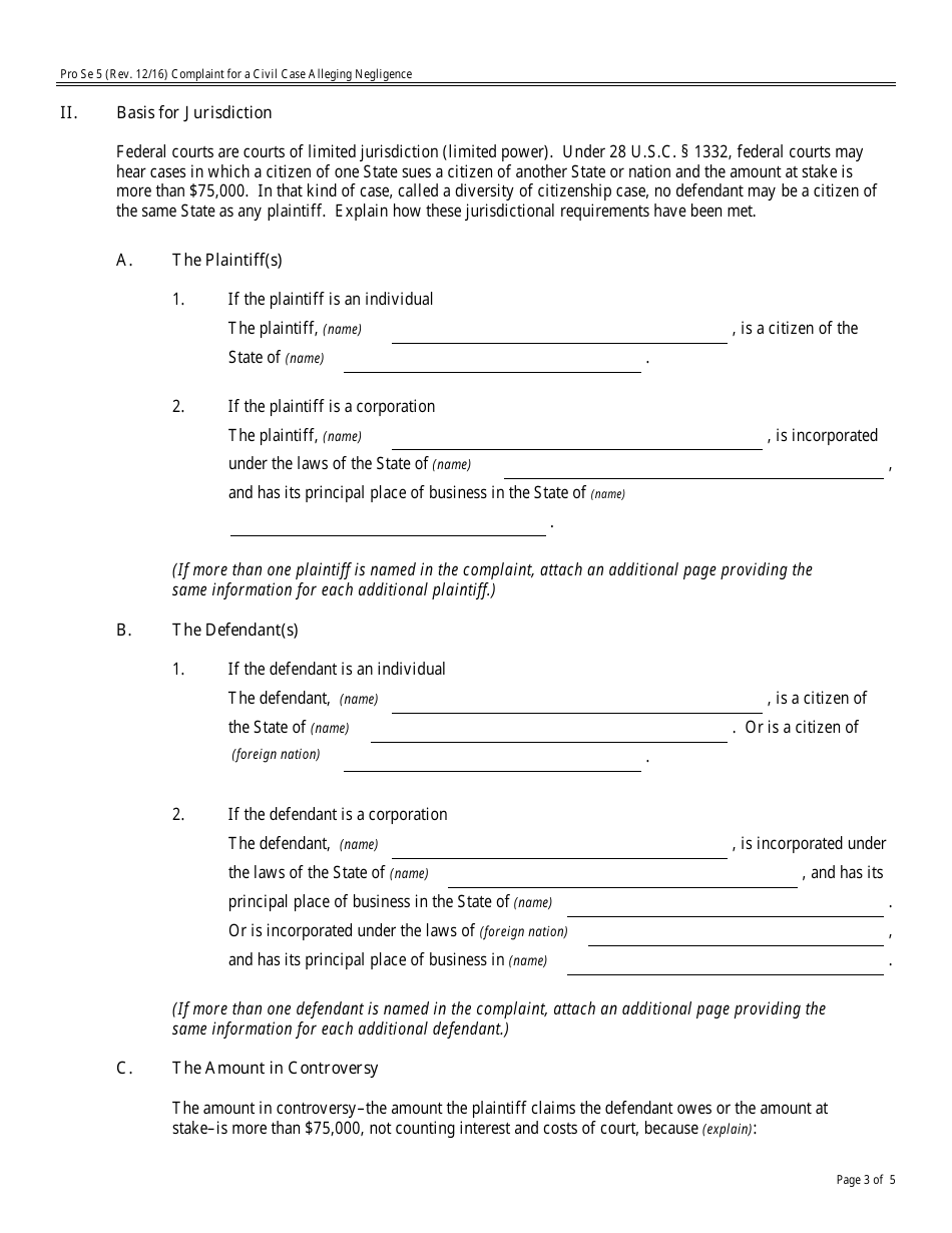 Form Pro Se5 Complaint for a Civil Case Alleging Negligence, Page 3
