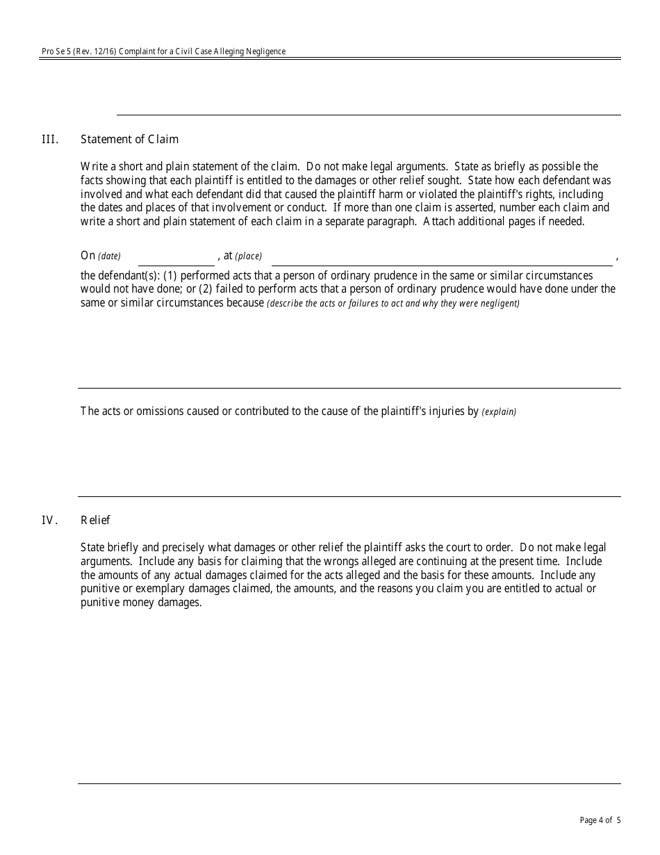 Form Pro Se5 Complaint for a Civil Case Alleging Negligence, Page 4
