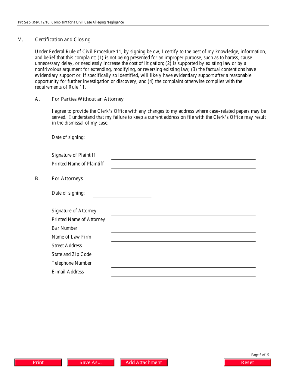 Form Pro Se5 Complaint for a Civil Case Alleging Negligence, Page 5