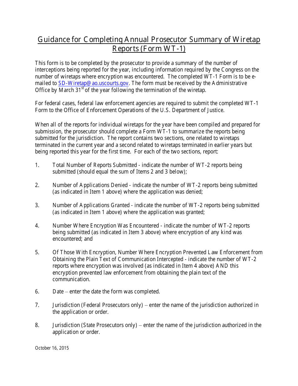 Instructions for Form WT-1 Annual Prosecutor Summary of Wiretap Reports, Page 1