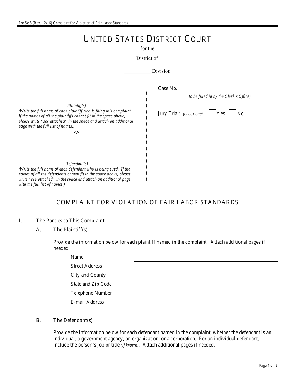Form Pro Se8 Complaint for Violation of Fair Labor Standards, Page 1