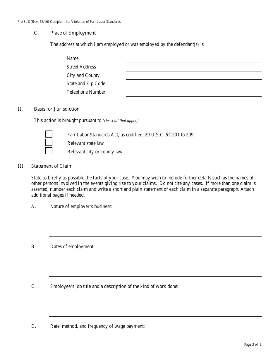 Form Pro Se8 Complaint for Violation of Fair Labor Standards, Page 3