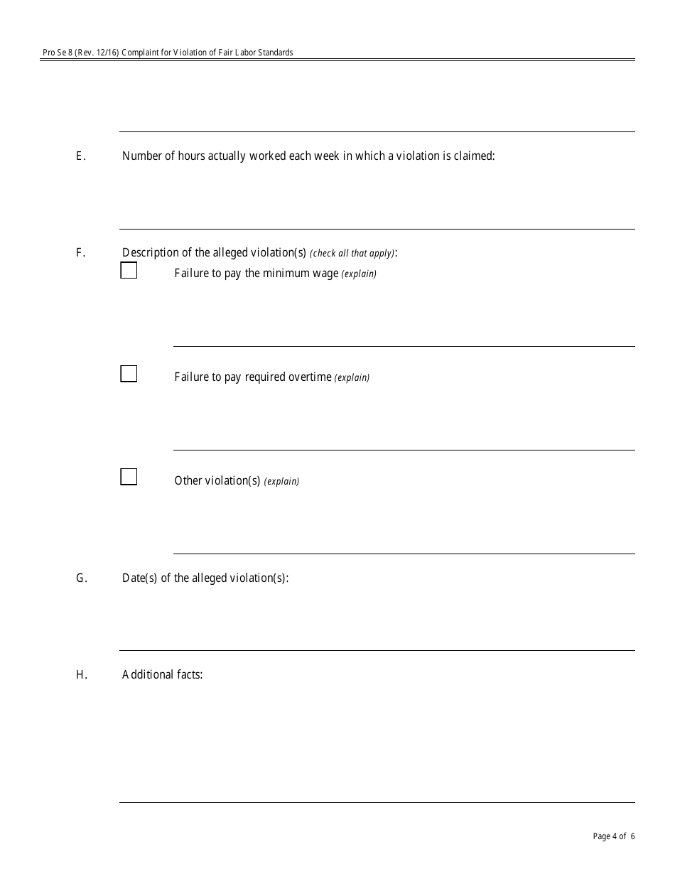 Form Pro Se8 Complaint for Violation of Fair Labor Standards, Page 4