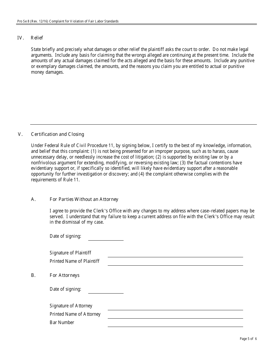 Form Pro Se8 Complaint for Violation of Fair Labor Standards, Page 5