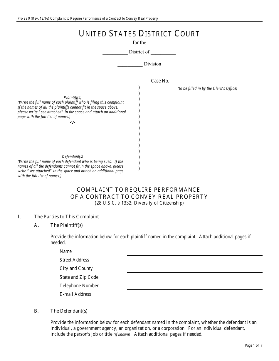 Form Pro Se9 Complaint to Require Performance of a Contract to Convey Real Property, Page 1