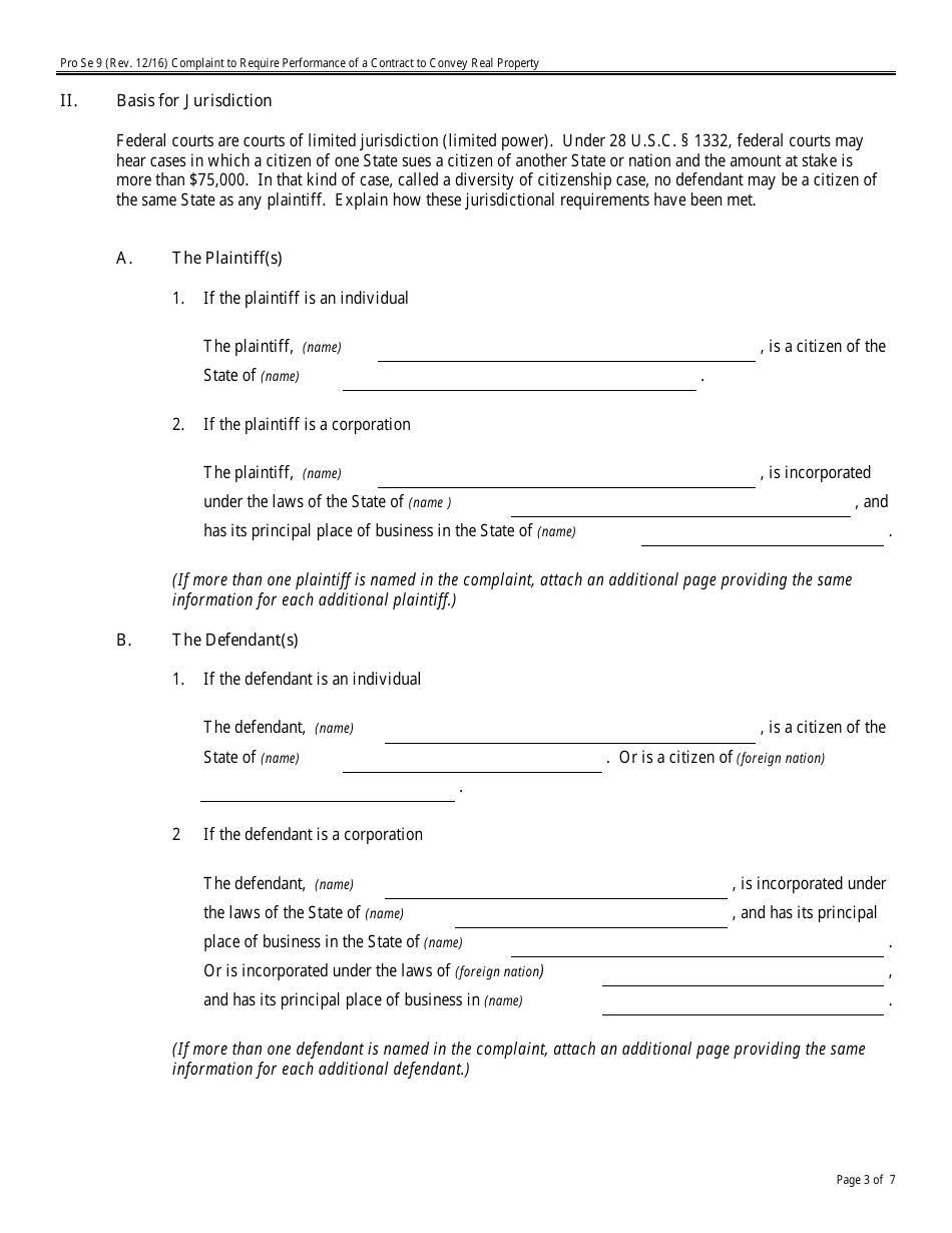 Form Pro Se9 Complaint to Require Performance of a Contract to Convey Real Property, Page 3