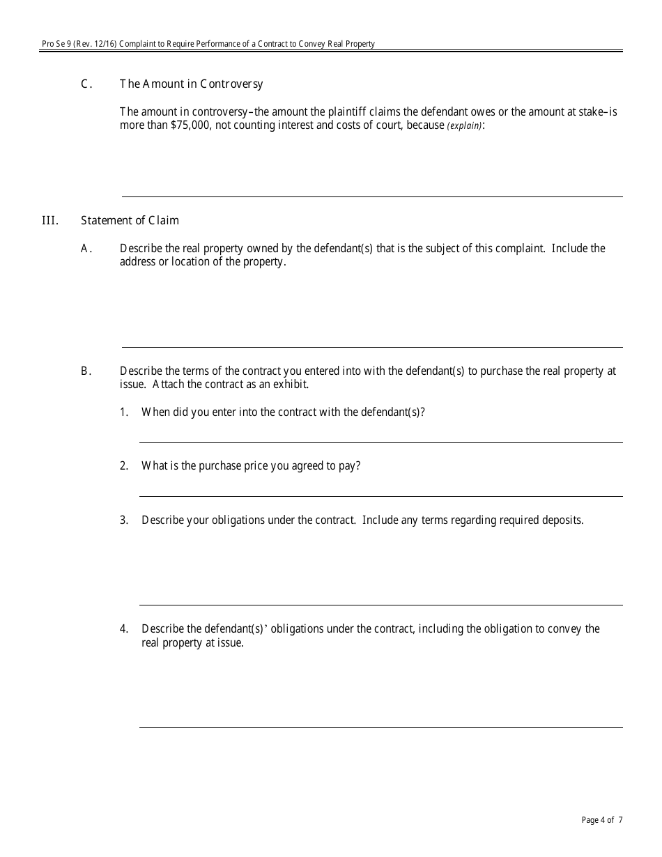 Form Pro Se9 Complaint to Require Performance of a Contract to Convey Real Property, Page 4