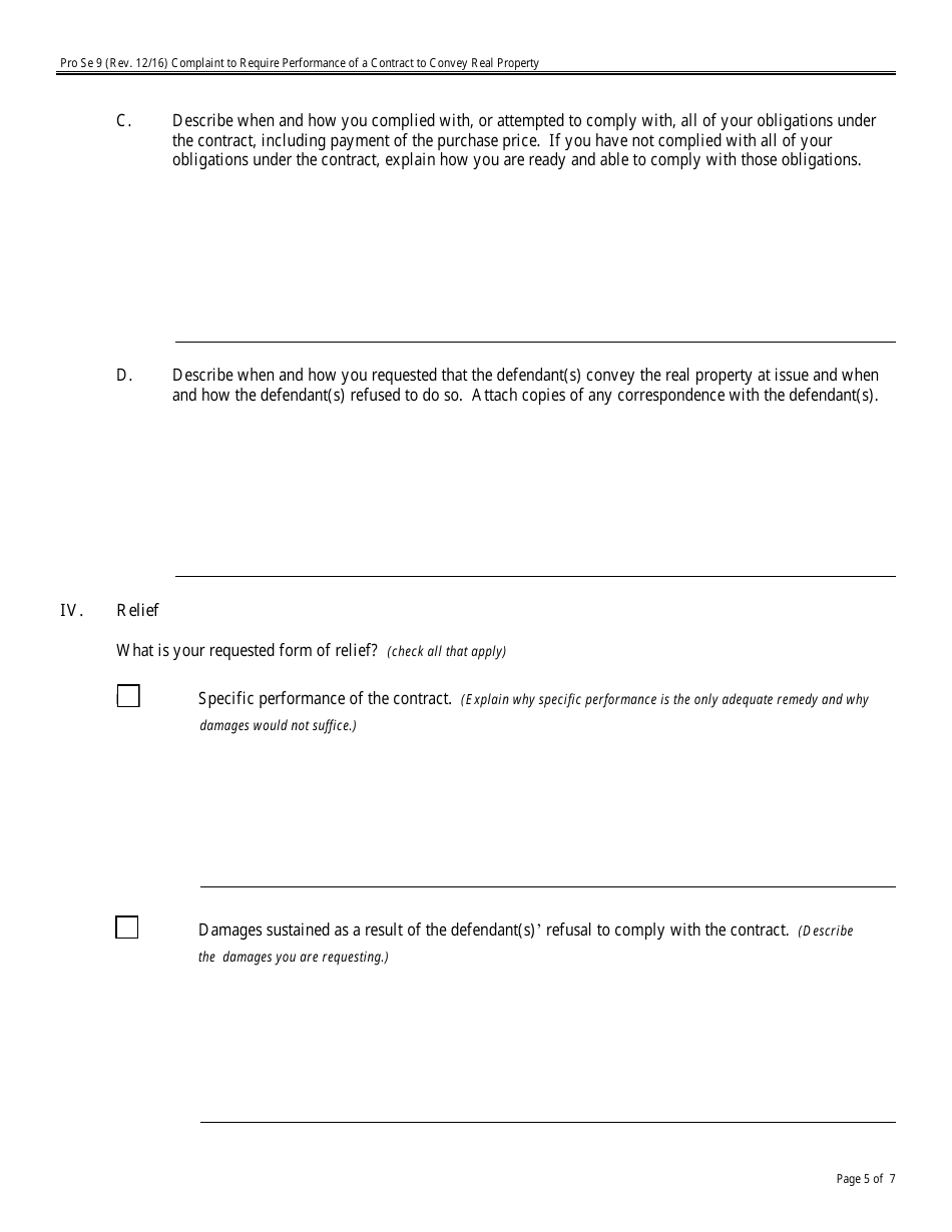 Form Pro Se9 Complaint to Require Performance of a Contract to Convey Real Property, Page 5