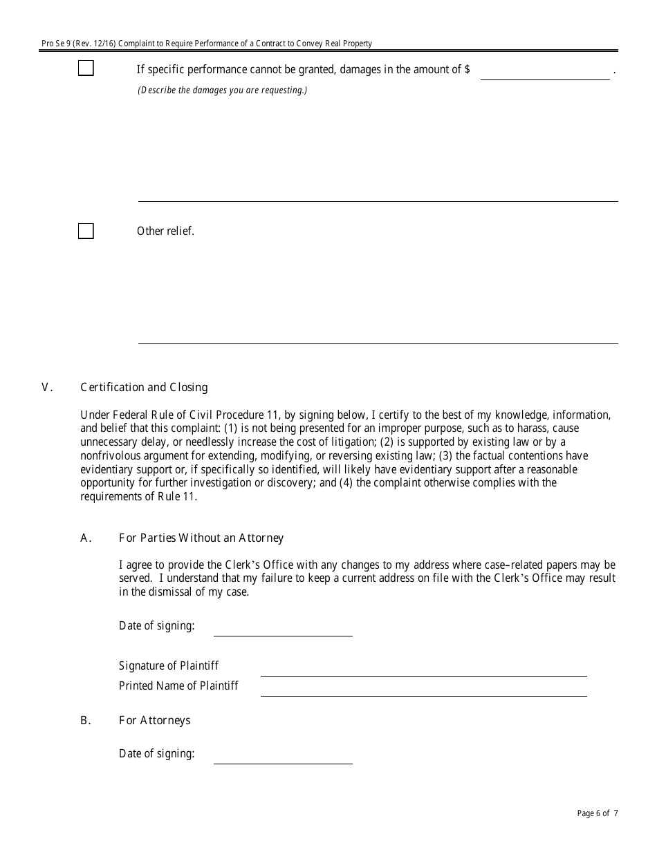 Form Pro Se9 Complaint to Require Performance of a Contract to Convey Real Property, Page 6