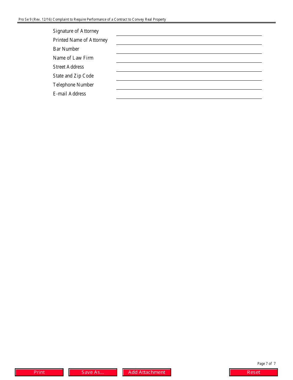 Form Pro Se9 Complaint to Require Performance of a Contract to Convey Real Property, Page 7