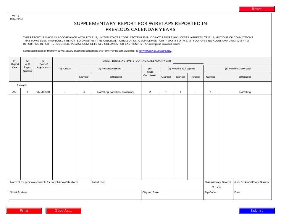 Form WT-3 Supplementary Report for Wiretaps Reported in Previous Calendar Years, Page 1