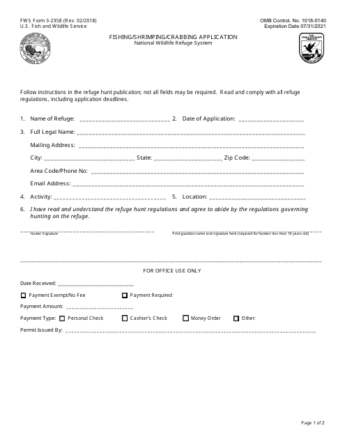 FWS Form 3-2358  Printable Pdf