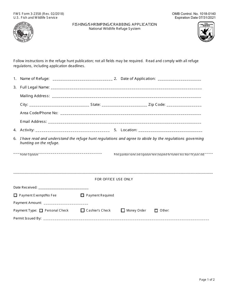FWS Form 3-2358 Fishing / Shrimping / Crabbing Application, Page 1