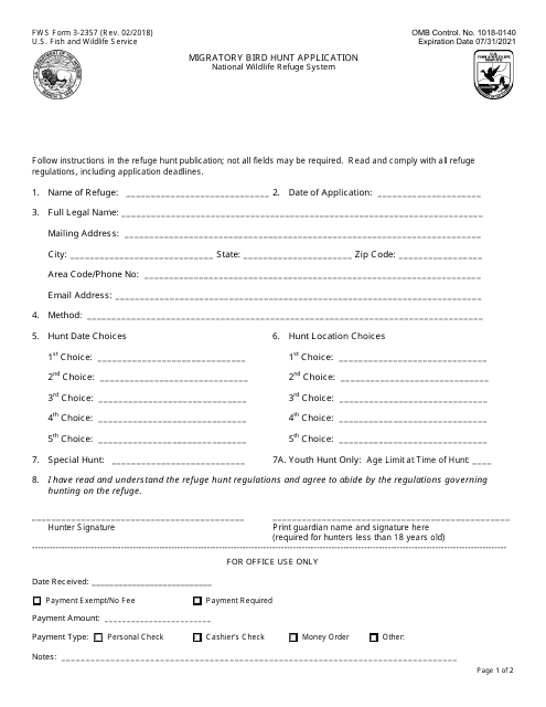 FWS Form 3-2357 Migratory Bird Hunt Application