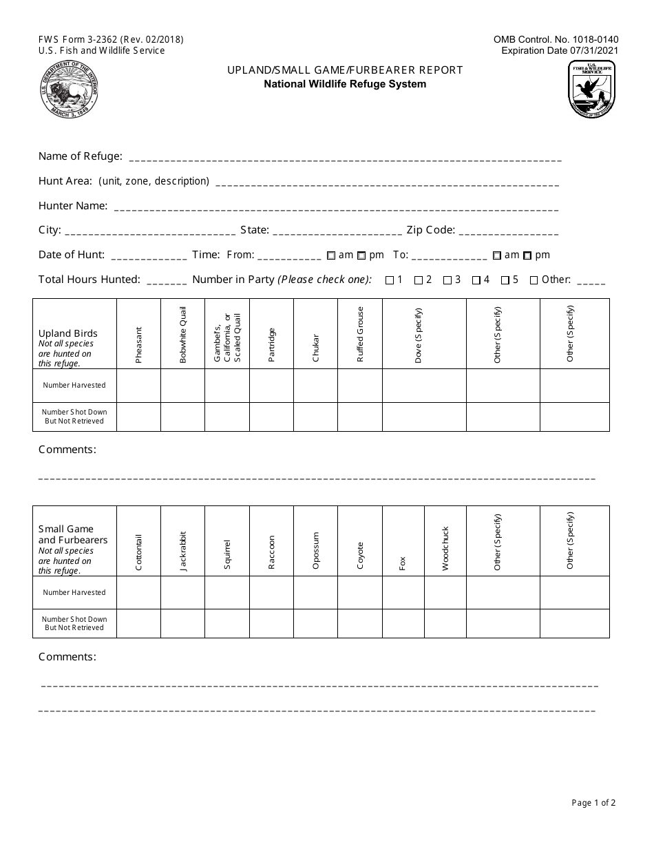 FWS Form 3-2362 Upland / Small Game / Furbearer Report, Page 1